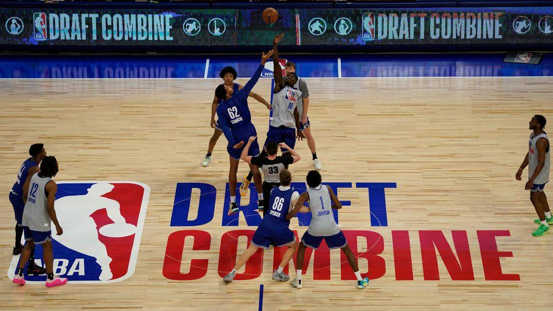 Adam Bona (90) and Urich Chomche (62) go for a jump ball during the 2024 NBA Draft Combine at Wintrust Arena.