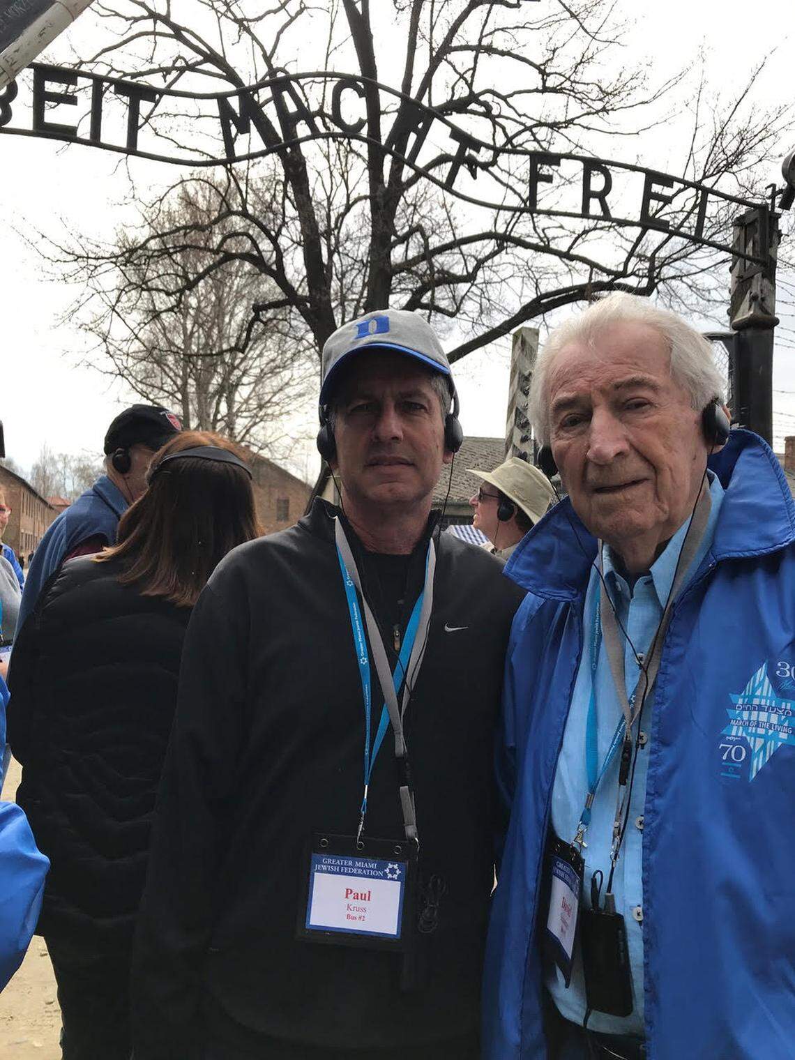 Israel at 70 Miami Mission Co-Chair Paul Kruss, and Holocaust survivor David Schaecter, at the gate of the Auschwitz death camp in Poland.  Schaecter was 11 years old when the Nazis rounded up his family and sent them to Auschwitz in what was then Nazi-occupied Poland. He is the only one of his family to have survived the camp.