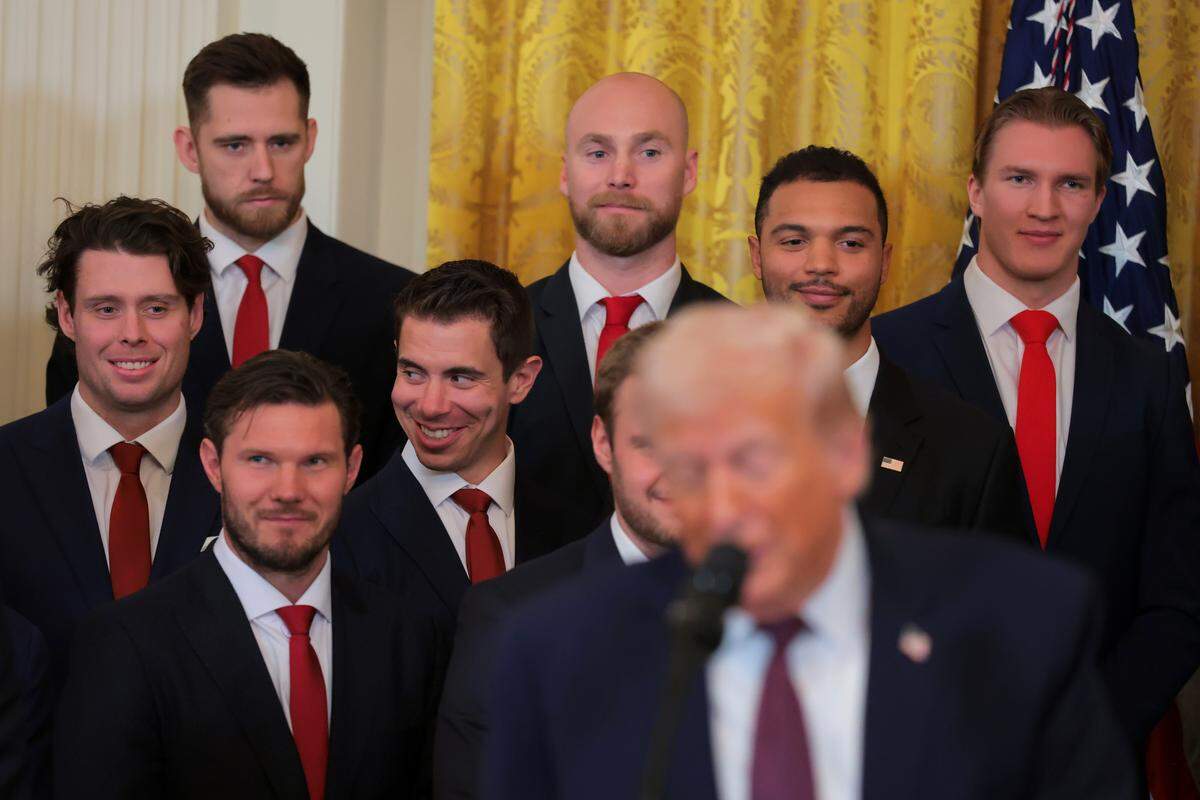 WASHINGTON, DC - JANUARY 15: Members of the Florida Panthers look on as U.S. President Donald Trump speaks during a ceremony to honor the 2025 Stanley Cup Champion Florida Panthers in the East Room of the White House on January 15, 2026 in Washington, DC. The Florida Panthers defeated the Edmonton Oilers for the second straight year in their first-ever championships since joining the NHL in 1993. (Photo by Anna Moneymaker/Getty Images)