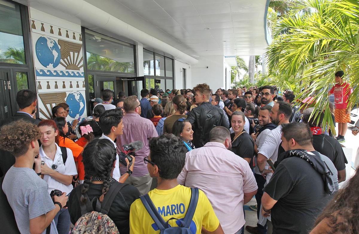 Hundred of soccer supporters are turned away from the crowded Miami City Commission Chambers for a hearing on the David Beckham group’s proposed stadium complex on Thursday, July 12, 2018