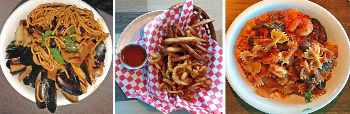 Lunches on Carnival Horizon, left to right, from the Mongolian Wok, Seafood Shack and the Pasta Bar.