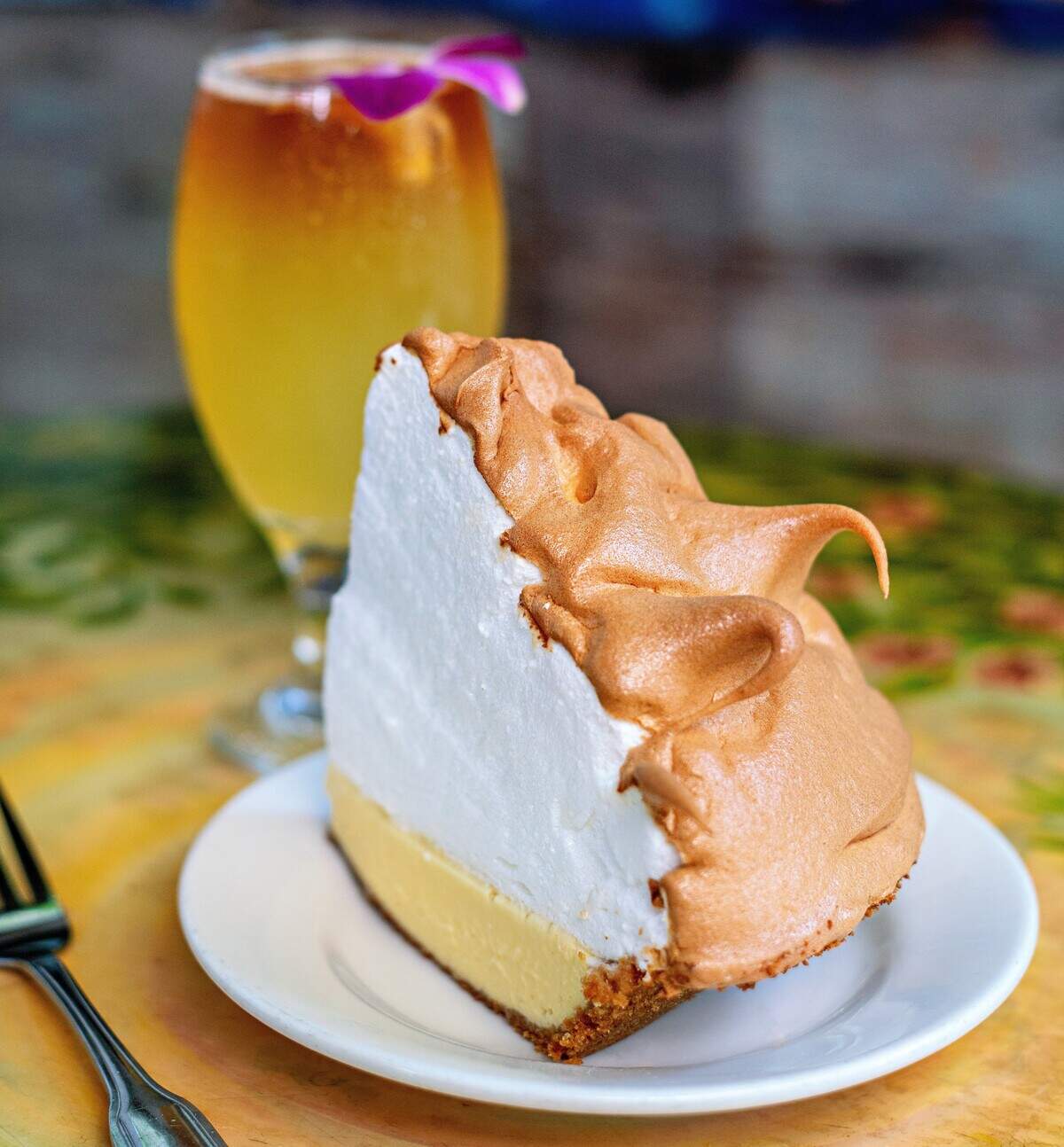 A slice of Blue Heaven’s famous Key lime pie with toasted meringue.