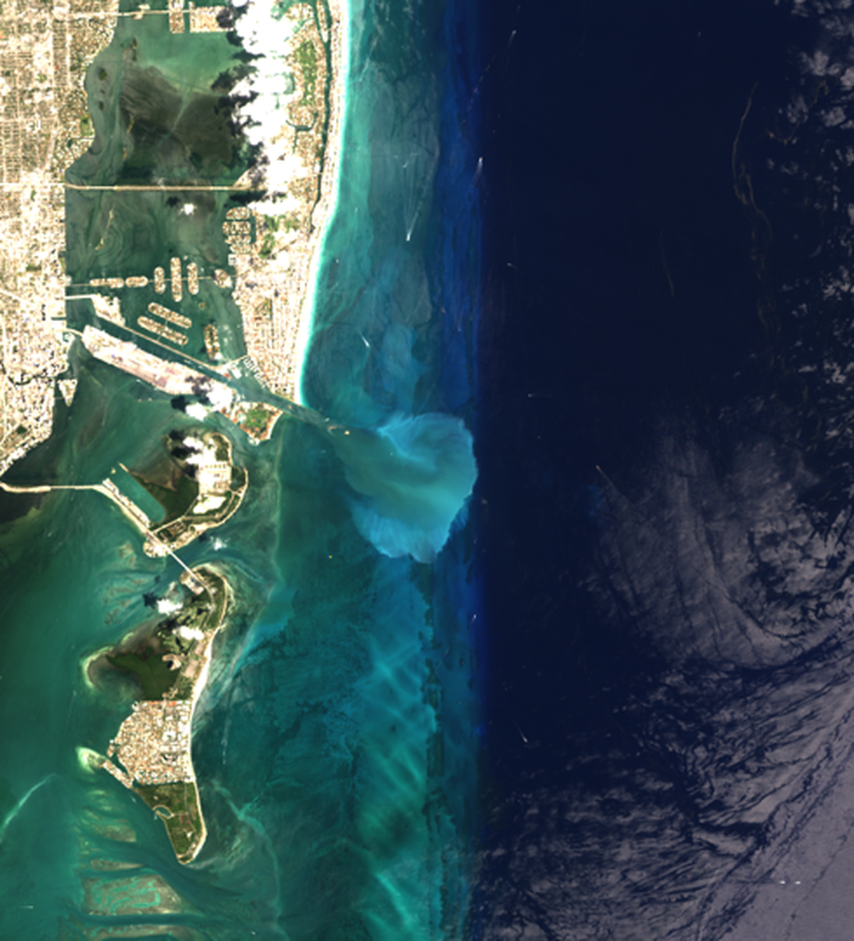 An aerial image from April 24, 2014 shows a plume of sediment from the Port of Miami while companies dredged the channel.