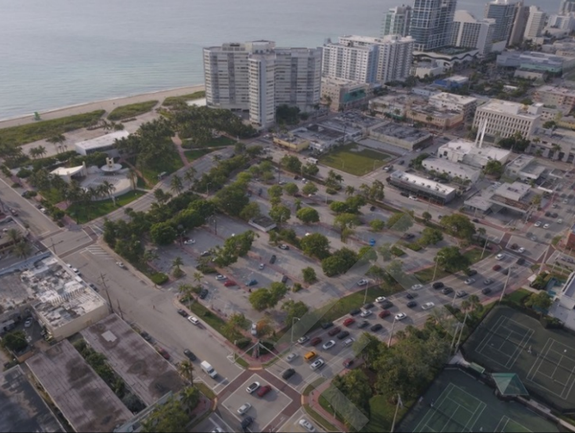 An overhead view shows the location of a proposed community complex in Miami Beach at the site of a surface parking lot at 72nd Street.