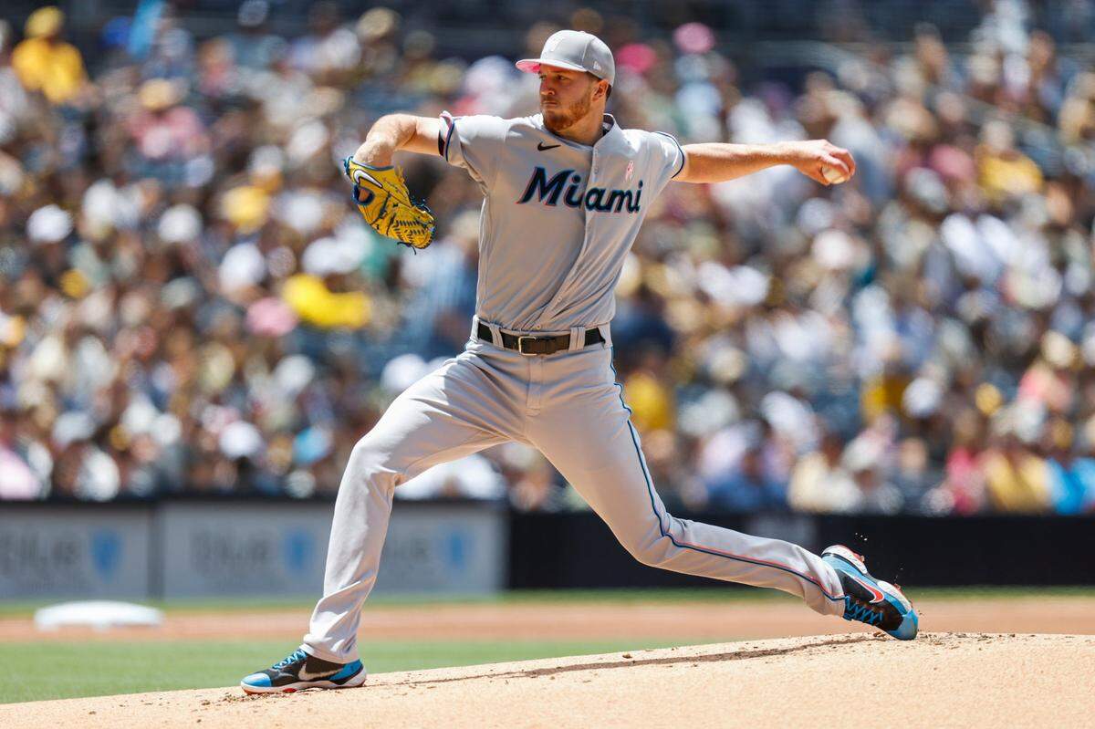 Miami Marlins starting pitcher Trevor Rogers pitches against the San Diego Padres during the first inning of a baseball game, Sunday, May 8, 2022, in San Diego. (AP Photo/Mike McGinnis)