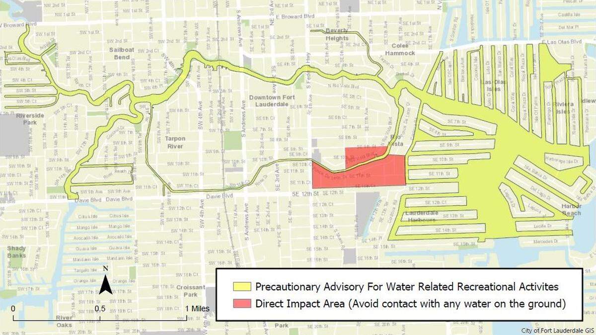 The areas covered by the precautionary water activity advisory in the wake of Fort Lauderdale’s water main breaks.