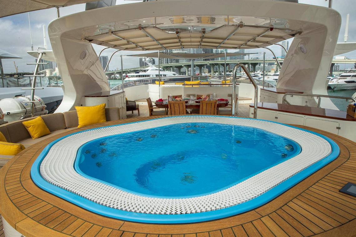 Upper deck jacuzzi of IL BARBETTA, a super yacht 145 ft / 44.2 m, built by Benetti, and launched in 2009, and refit in 2021, docked at Island Gardens Marina for sale at $14.5 million. during the Miami Boat Show 2022, on Thursday, February 17, 2022.