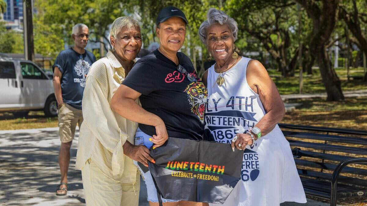 Long time Coconut Grove residents from left- Annette Hutchinson, Africa Andrews and Loretta Scippio-Whittle enjoyed the good weather during the 3rd Annual Juneteenth Freedom Day Emancipation celebration at the Elizabeth Virrick Park, that featured live music, cultural performances, storytelling, and community fellowship, on Friday June 19, 2026.