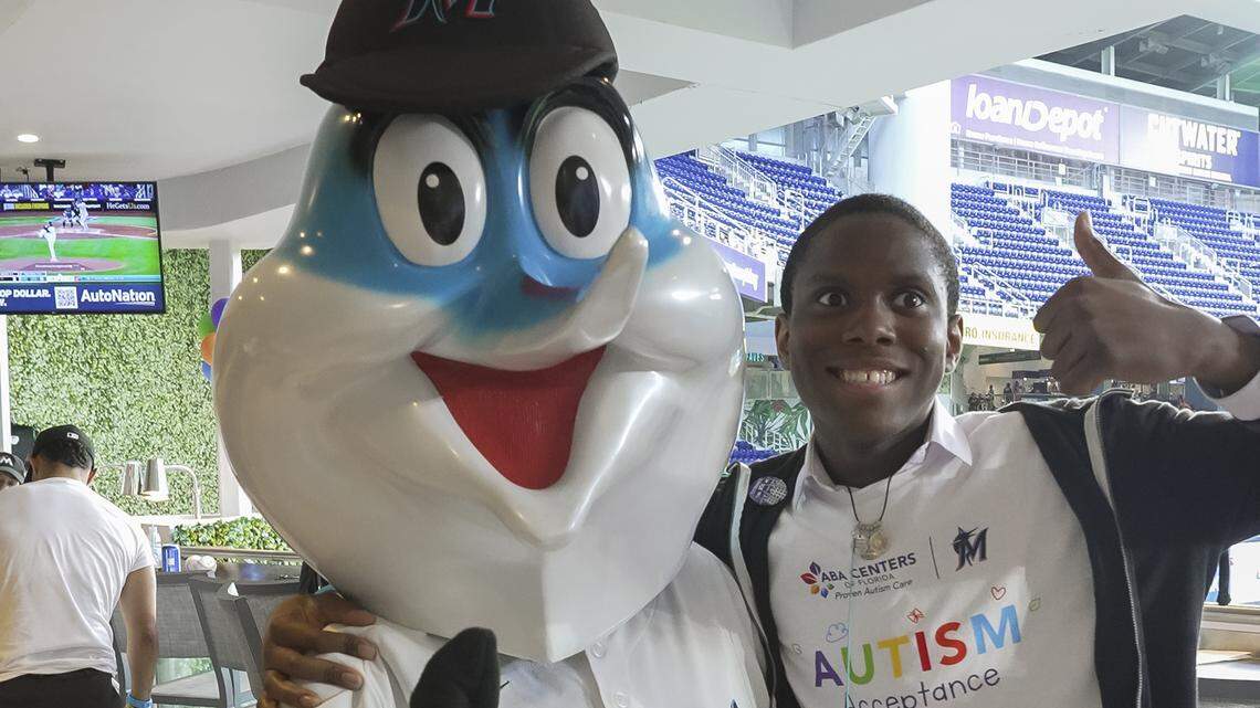 Billy the Marlin helps out at Autism Acceptance Night, sponsored by ABA Centers of Florida, at a Miami Marlins home game in April.