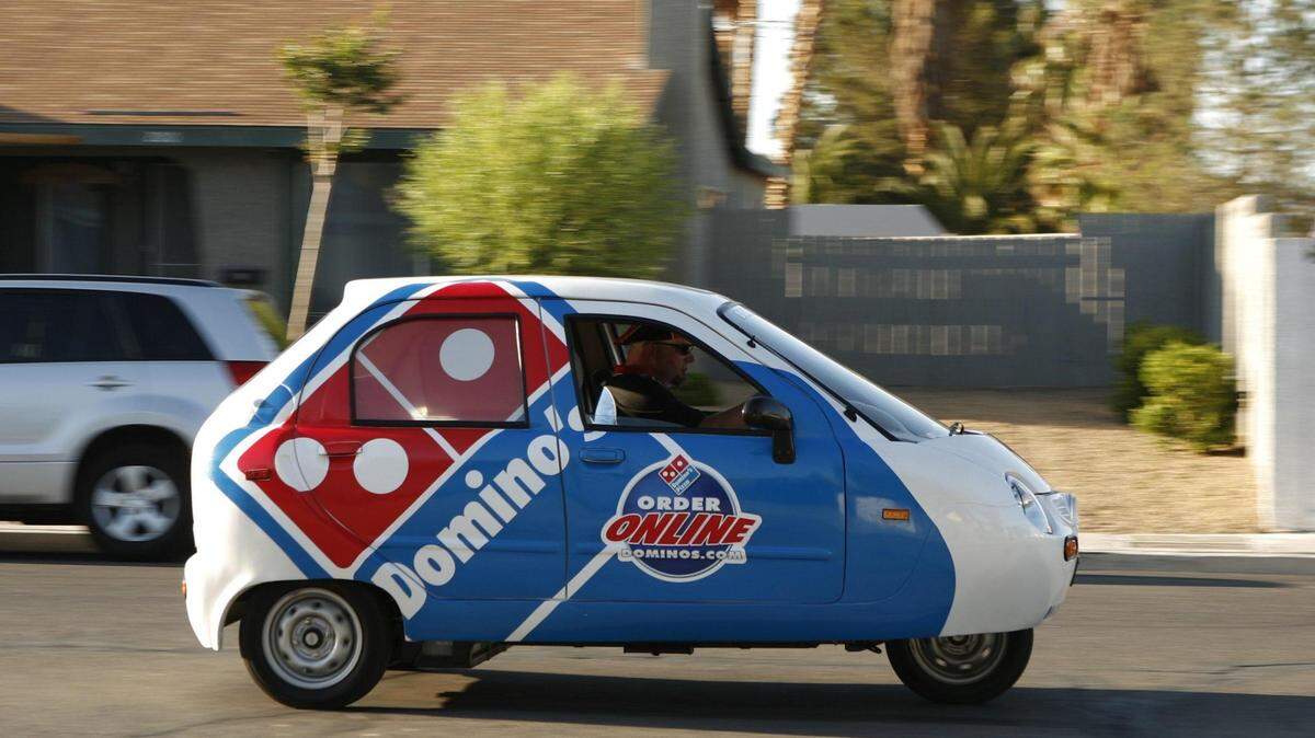 A Domino’s test electric pizza delivery car in 2018.