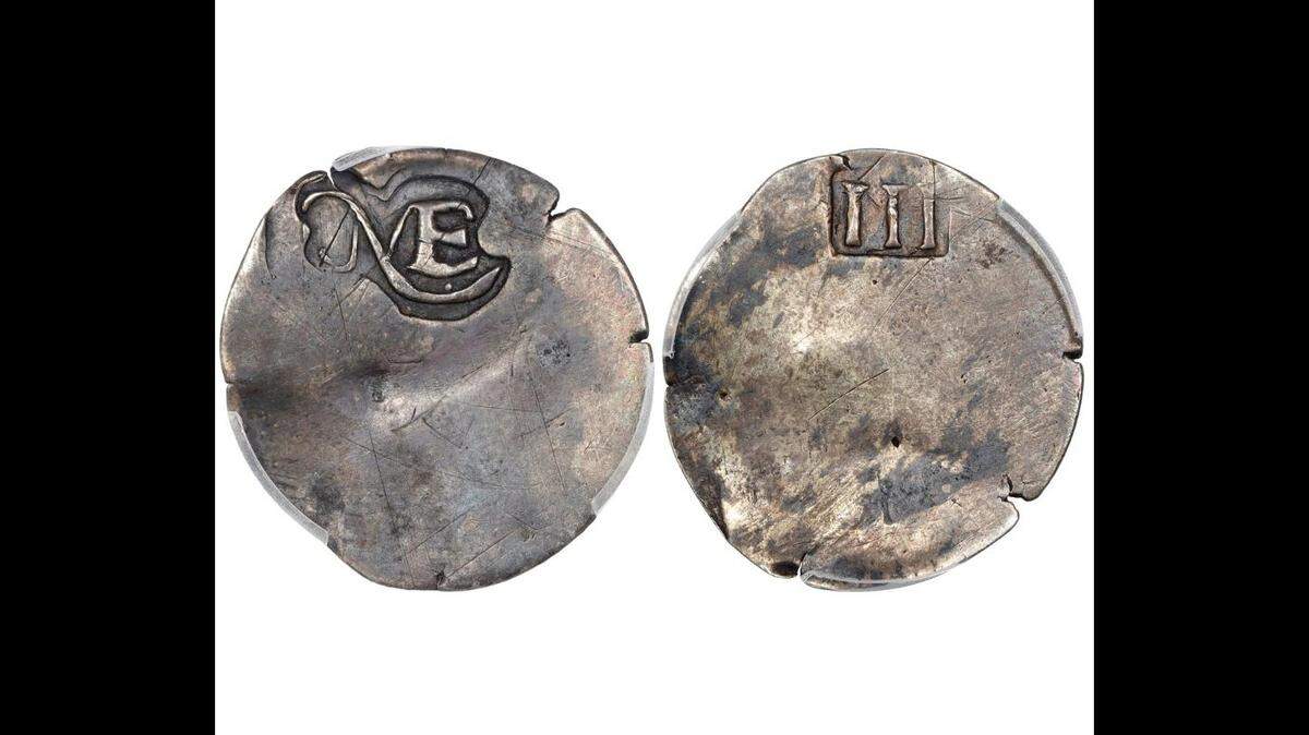 The 1652 Massachusetts threepence coin is the rarest of four coin designs struck between 1652 and 1682 at the Boston Mint, experts said.