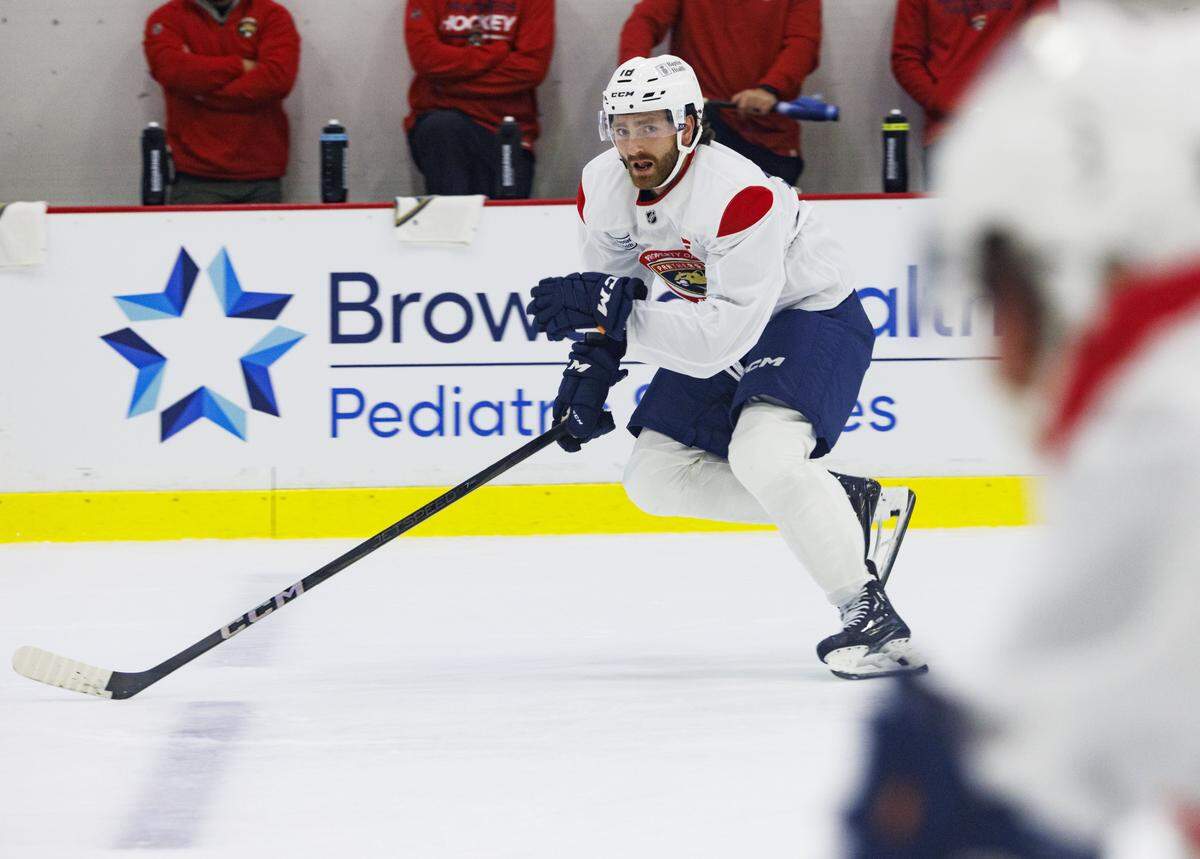 Forward Noah Gregor (18) skates down the ice during the first practice of Florida Panthers training camp on Thursday, Sept. 18, 2025, at Baptist Health IcePlex in Fort Lauderdale, Fla. 