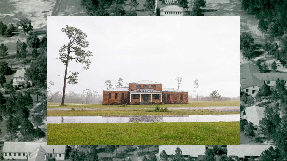 A scene of the campus at the Dozier School for Boys in Marianna, Florida on June 29, 2024. / Aerial view looking north over a section of campus at the School for Boys in Marianna, Florida. Circa 1900.