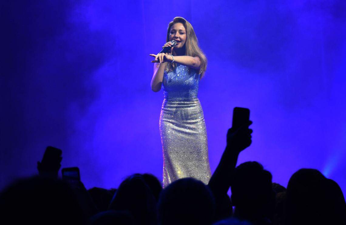 Tina Karol, a famous Ukrainian artist, sings during a charity concert at Sport of Kings in Gulfstream Park on Sunday, Oct. 9, 2022.