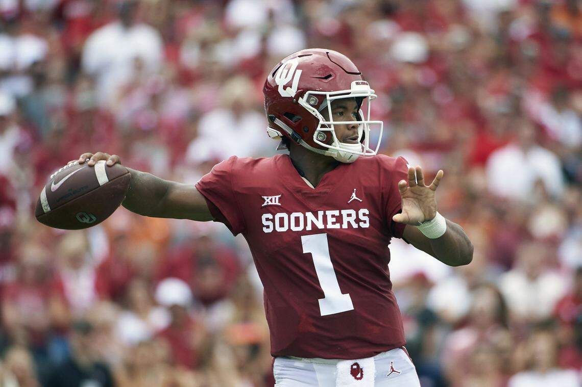 Oklahoma quarterback Kyler Murray (1) throws a pass against Texas during the first half of an NCAA college football game at the Cotton Bowl, in Dallas. Murray is a possible pick in the 2019 NFL Draft.