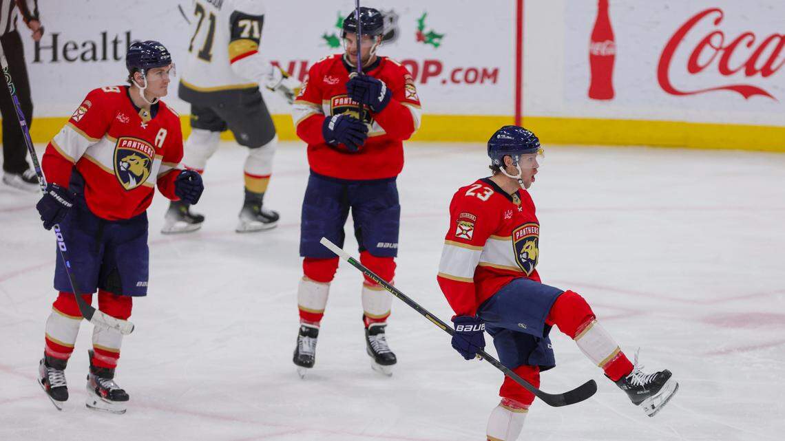 Dec 23, 2023; Sunrise, Florida, USA; Florida Panthers center Carter Verhaeghe (23) celebrates after scoring against the Vegas Golden Knights during the third period at Amerant Bank Arena.