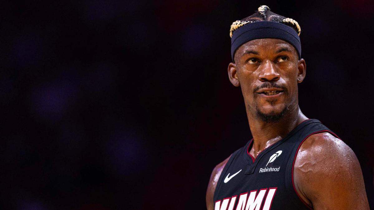 Miami Heat forward Jimmy Butler (22) looks on during the second half of an NBA game against the Sacramento Kings at Kaseya Center on November 4, 2024, in Miami.