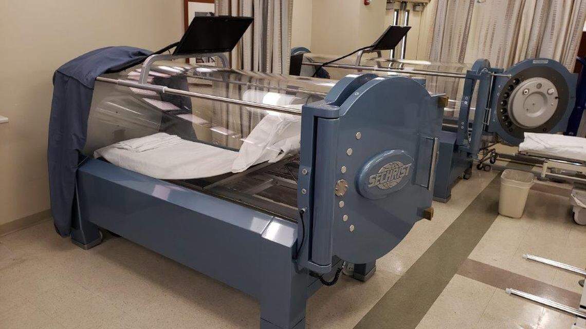Hyperbaric oxygen therapy chamber at South Miami Hospital, which is used to treat wounds on diabetic patients.