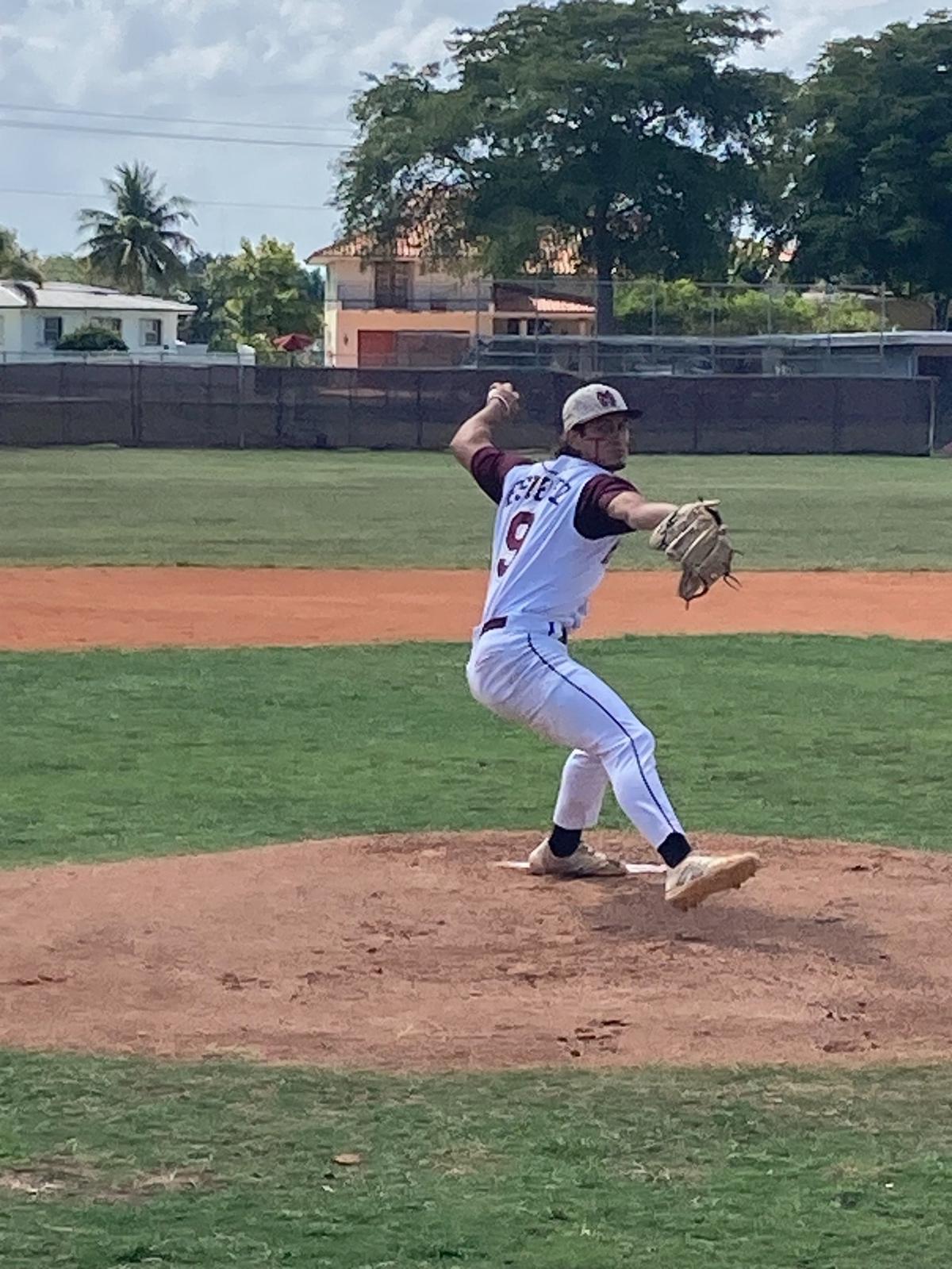 Miami Springs staring pitcher Magdiel Estevez not only turned in five innings on the mound, yielding just 2 hits and 1 run, but also got it done at the plate as well, going 3-for-4 and 2 runs scored.