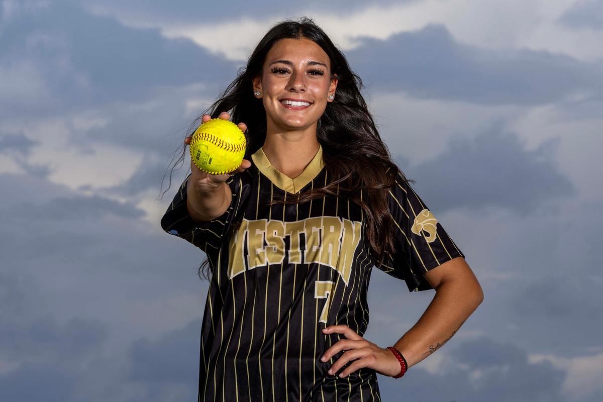 Western Softball player Ali Solo poses for a portrait at Brian Piccolo Sports Park & Velodrome on Wednesday, May 28, 2025, in Cooper City, Fla.
