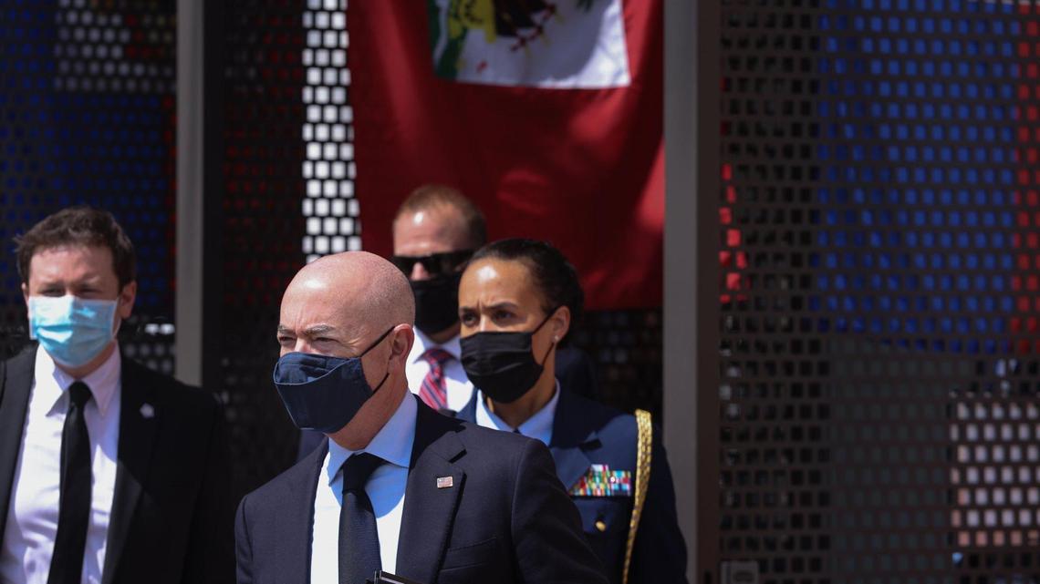 DHS Secretary Alejandro Mayorkas, center, walks toward the media for a quick gaggle with the press. Mayorkas met with Haitian community leaders to tout President Joe Biden’s commitment to protect Haitians in the U.S. from deportation by granting Temporary Protected Status, or TPS. The meeting was in the gallery at the Little Haiti Cultural Complex in Miami on Tuesday, May 25, 2021.