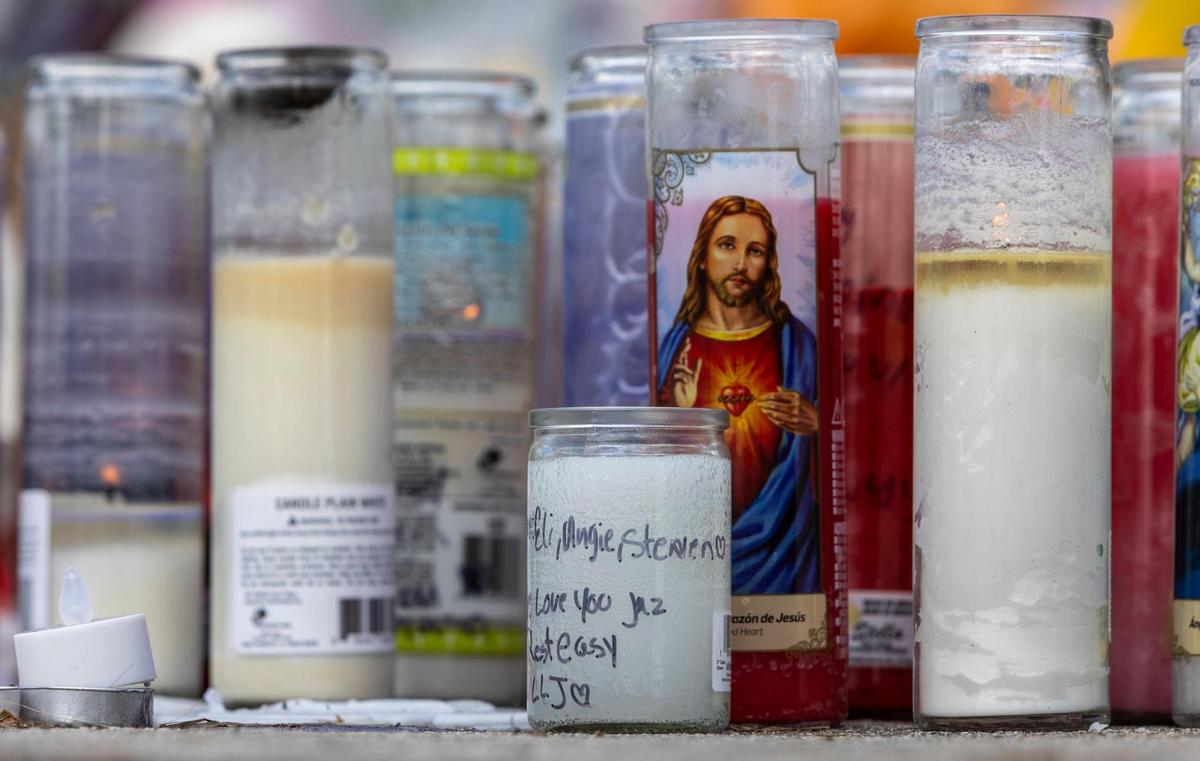 Miami, Florida, November 8, 2023 - A detail of a makeshift memorial in memory of Anthony Gago, 15, who was killed in a crash while fleeing from Miami-Dade cops in the morning of Wednesday, Nov. 8, 2023, police said. Jazmin Keltz, 14, a passenger in the car Anthony was driving, remained in critical condition as of Friday.