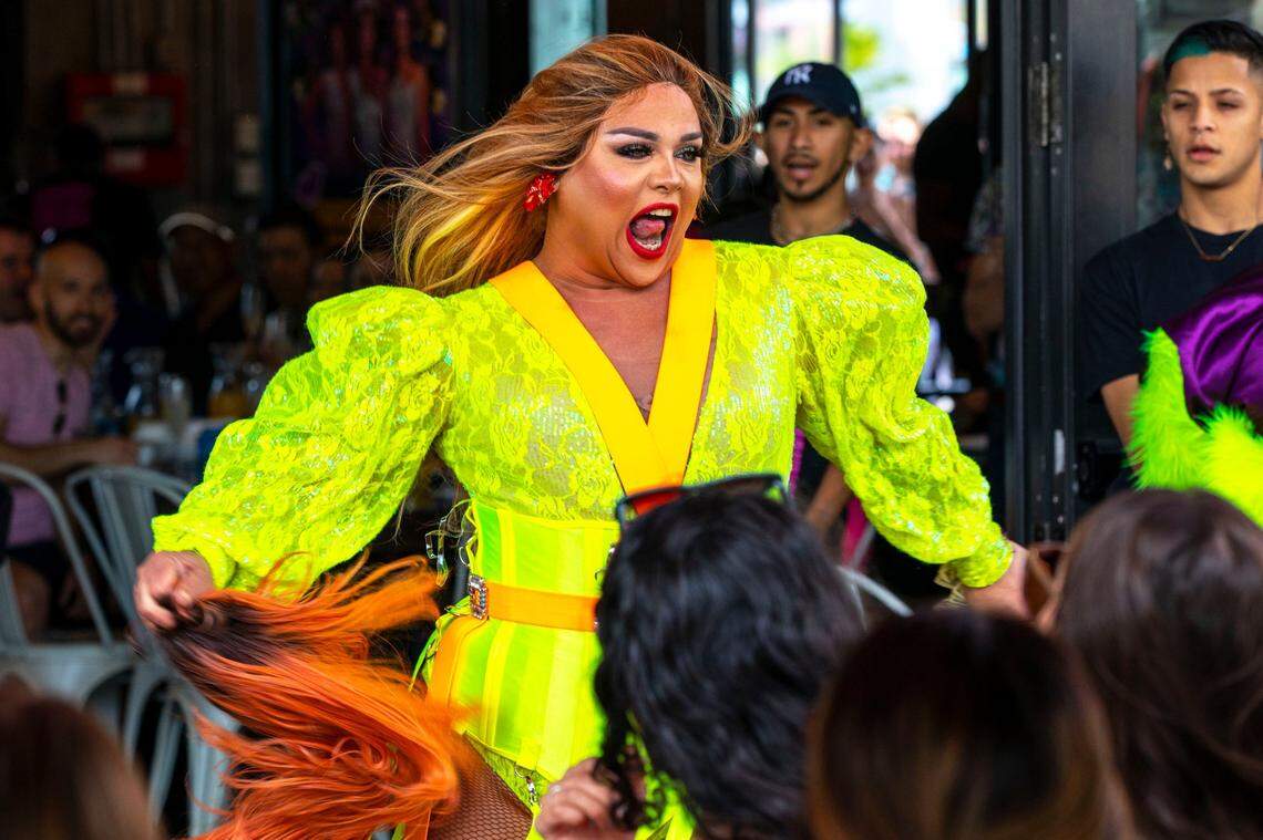 A drag queen performs during Drag Brunch at R House Wynwood in Miami, Florida, on Saturday, April 9, 2022.