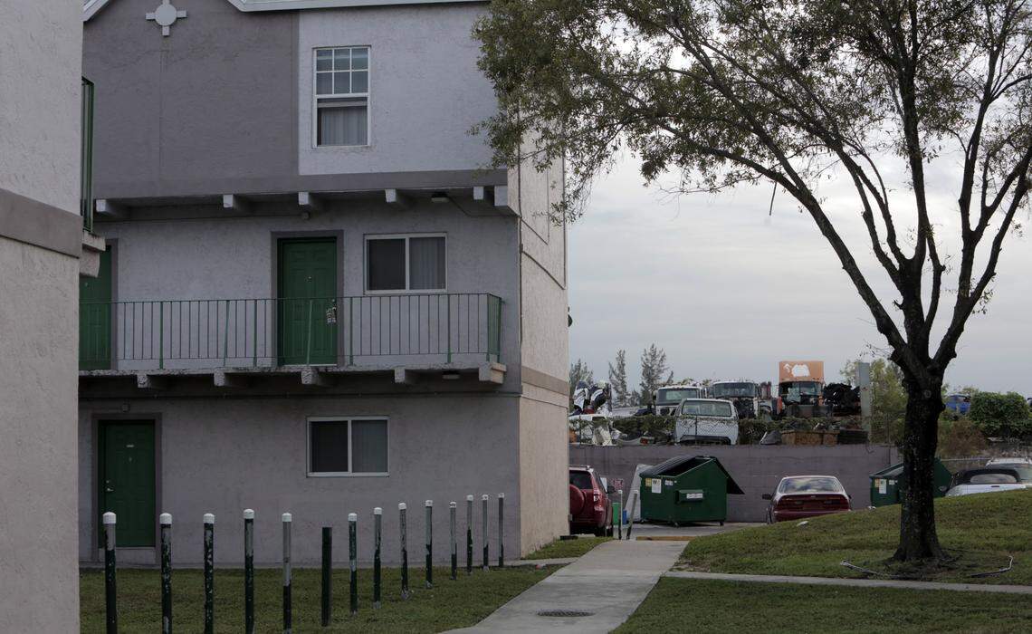 Miami, Florida, November 15, 2018 - The eight, buildings that make up the Glorieta Gardens apartments were built in the early 1970s. The Gardens’ neighbors are junkyards, car repair shops and warehouses.