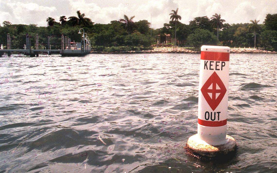 One of the “Keep Out” buoys that Sylvester Stallone had around his property behind his former Miami home in this mid-1990s file photo. The state did not want that buoy there.