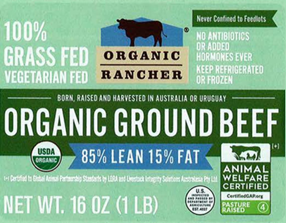 The front label for the Organic Rancher Organic Ground Beef that’s the subject of the USDA’s public health alert.