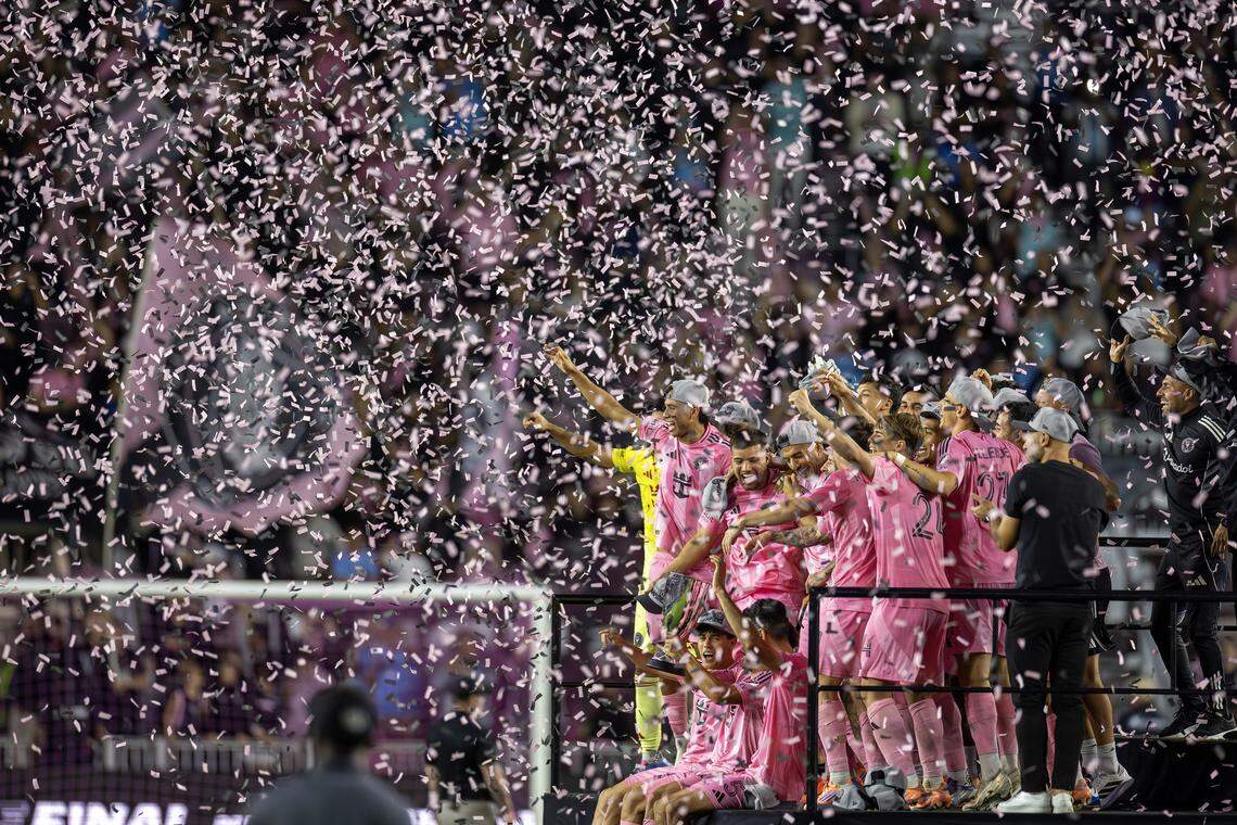 Inter Miami forward Lionel Messi (10) celebrates on stage with teammates after a 5-1 win over New York City FC in the MLS Eastern Conference final at Chase Stadium on Saturday, Nov. 29, 2025, in Fort Lauderdale, Fla. The victory sends Inter Miami to its first MLS Cup final.