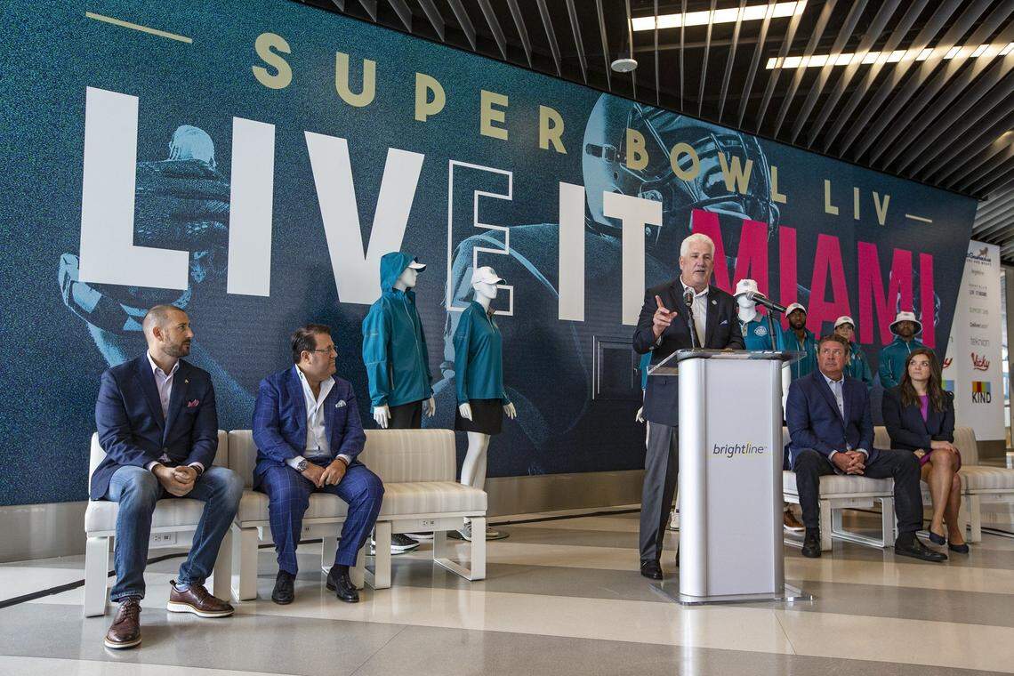 Miami Super Bowl Host Committee Chairman Rodney Barreto speaks in Miami at the unveiling of the Super Bowl LIV Volunteer Headquarters and official volunteer uniform kit.