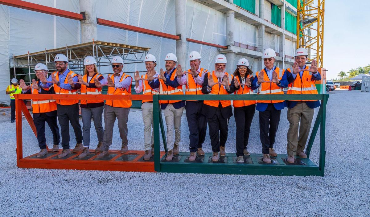Guests including UHealth executives, representatives from developers LeFrak and Turnberry and representatives from Robins & Morton Construction Firm, marked their footprint on cement during the topping off ceremony at the construction site where the new UHealth at SoLé Mia medical facility, is being built in North Miami. The seven-story, 363,000-square-foot medical center will include cancer specialists from Sylvester Comprehensive Cancer Center, advanced vision care from the No. 1 ranked eye hospital in the country, Bascom Palmer Eye Institute; urological treatments from the Desai Sethi Urology Institute, on Friday April 05, 2024.