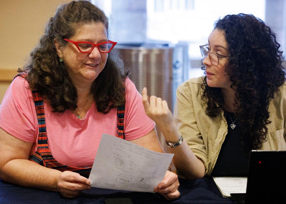 Margaret Ledford, artistic director of City Theatre, left, and and Gladys Ramirez, the group’s executive director, talk about auditions for an upcoming play called “Black Santa.” Because of state budget cuts, City Theatre had to cancel a large part of their free programming for this upcoming season.
