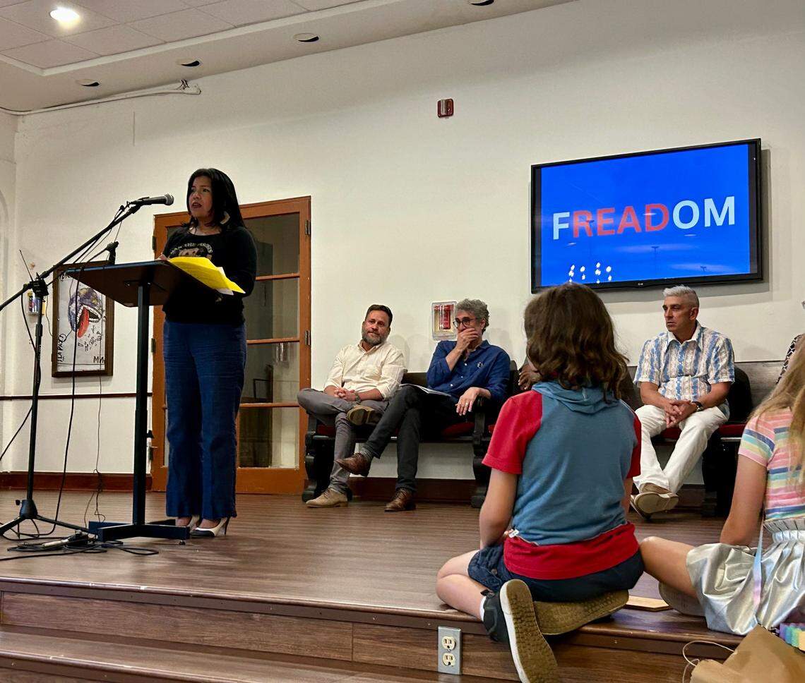 Karla Hernandez-Mats, president of United Teachers of Dade, spoke at an event on June 6, 2023 to raise awareness about censorship and to offer a stark rebuttal to the recent decision to restrict four titles from elementary students in one Miami-Dade County school.