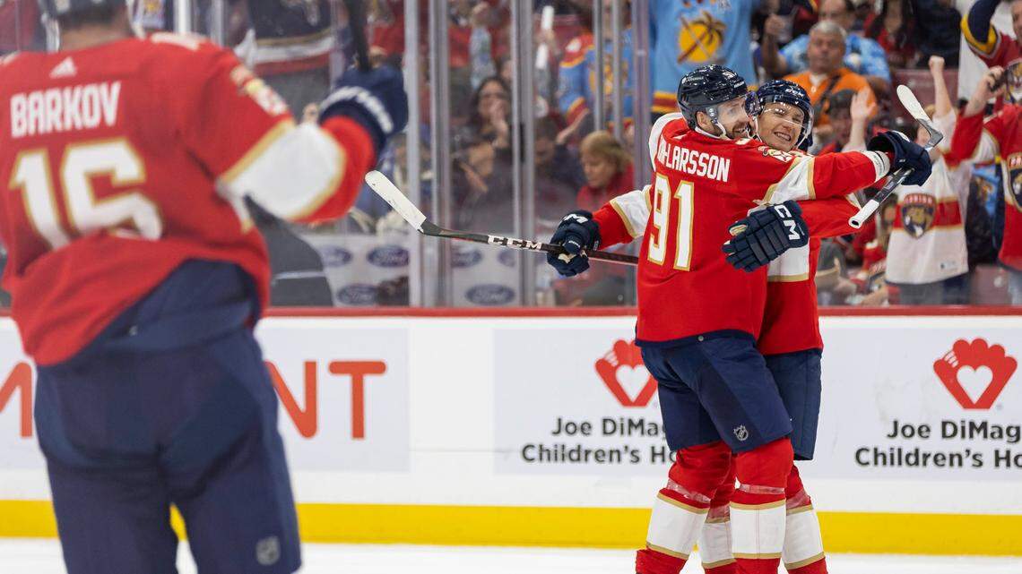 Florida Panthers defenseman Oliver Ekman-Larsson (91) celebrates with his teammates after scoring a goal against the Toronto Maple Leafs in the first period of their NHL game at the Amerant Bank Arena on Thursday, Oct. 19, 2023, in Sunrise, Fla.