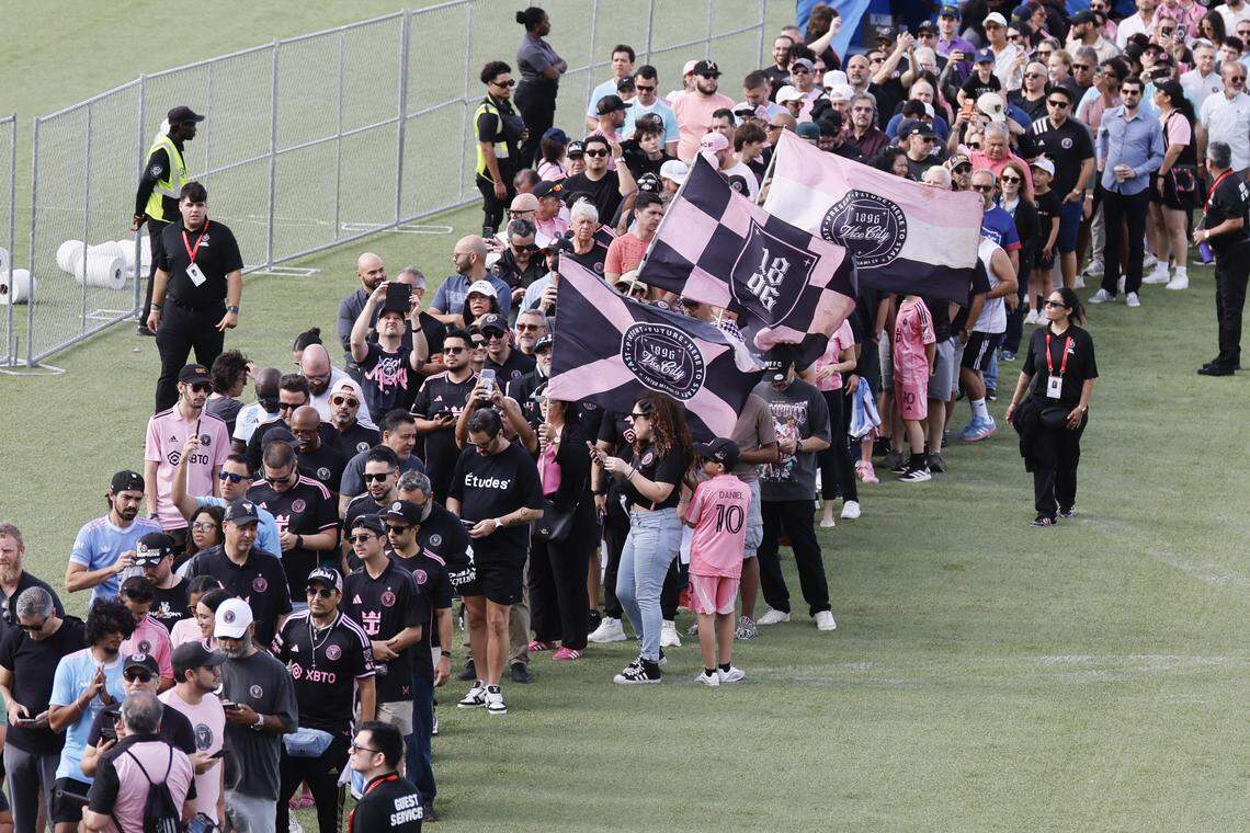 Inter Miami CF fans arrive at Nu Stadium at Miami Freedom Park to watch the team practice Thursday, April 2, 2026, in Miami.