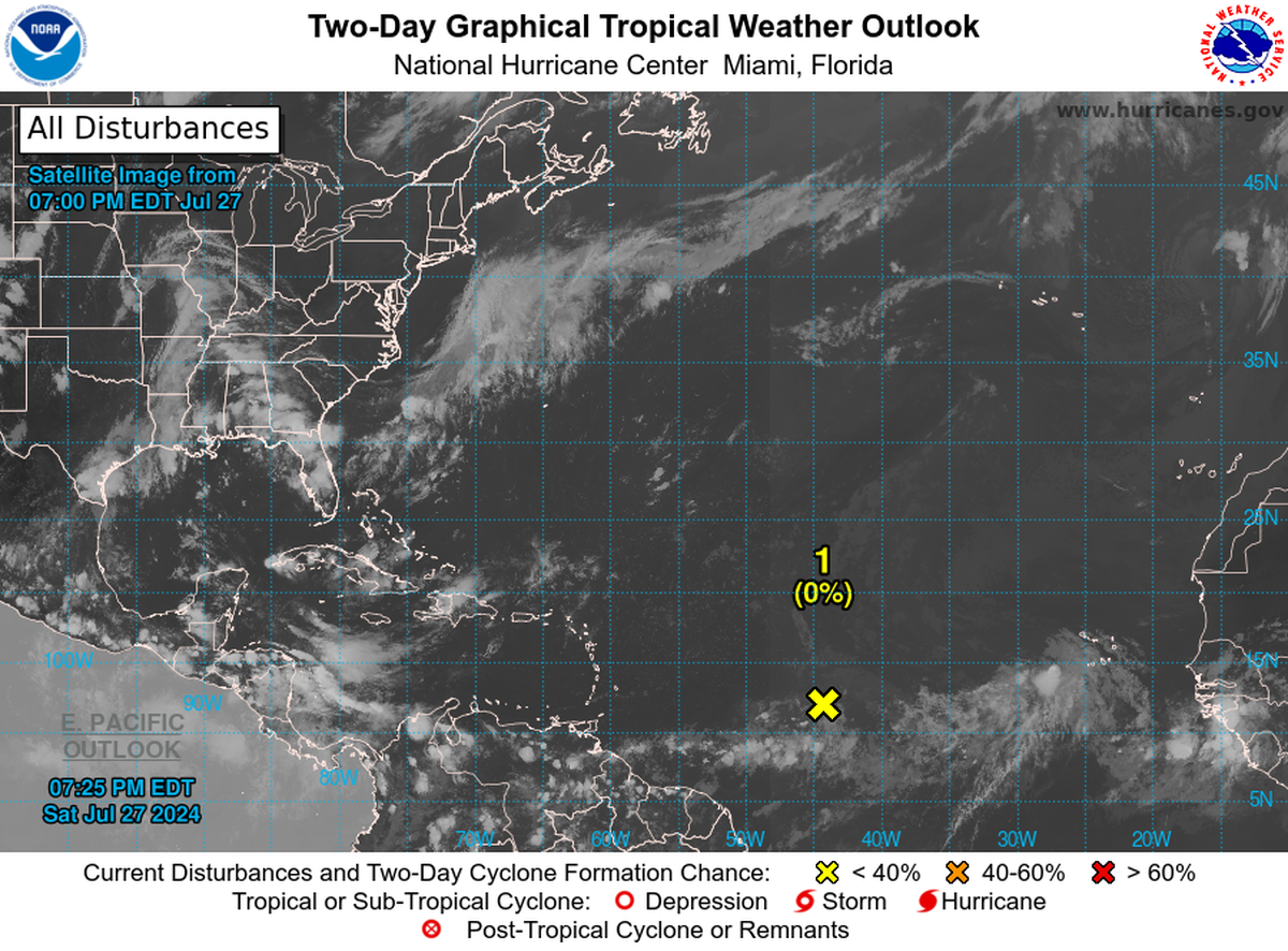 National Hurricane Center’s 8 p.m. Saturday, July 27, 2024, advisory on Atlantic disturbance.