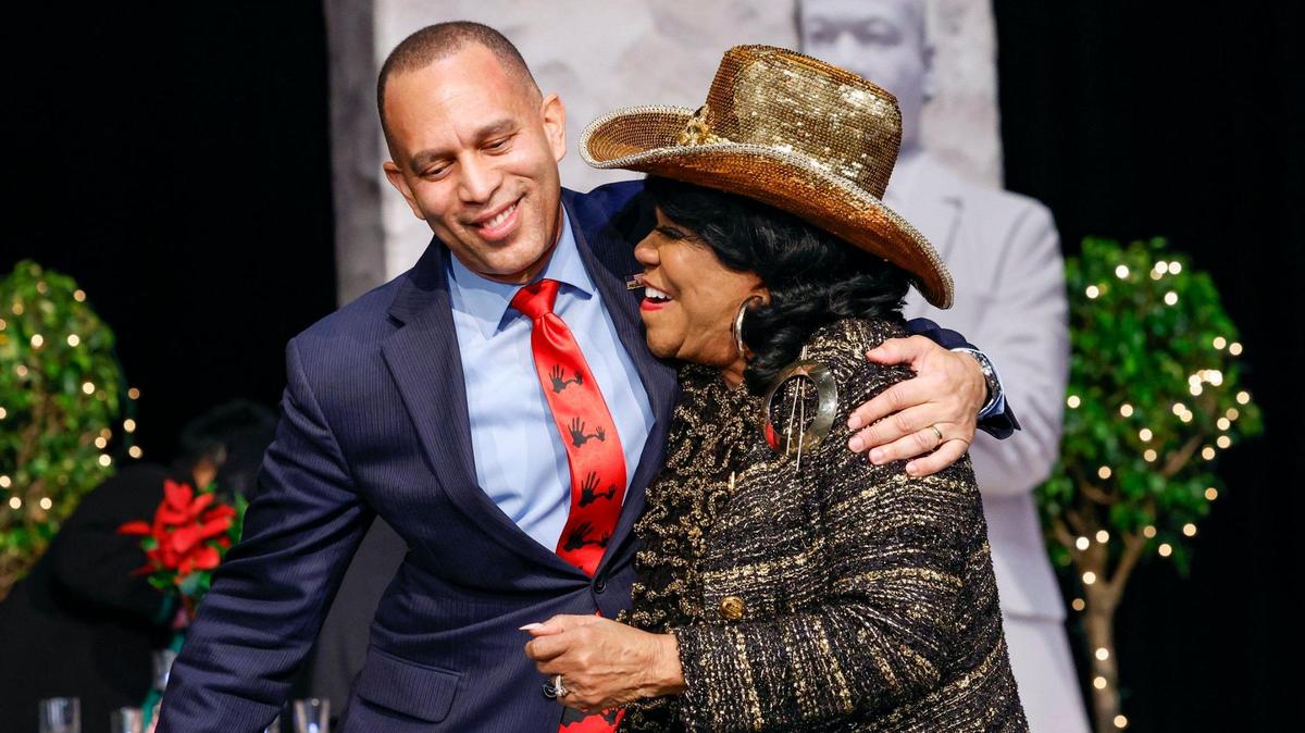 House Democratic leader Hakeem Jeffries gets a hug from Congresswoman Frederica S. Wilson after speaking at the 5000 Role Models of Excellence Foundation’s 32nd Annual Dr. Martin Luther King, Jr. scholarship breakfast.