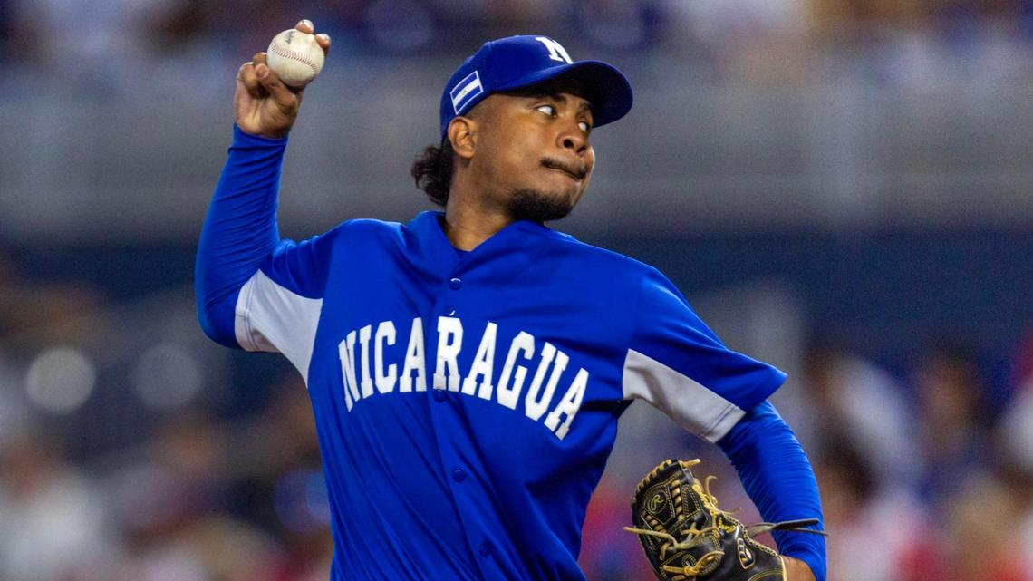 Nicaragua pitcher Carlos Rodriguez (12) throws the ball during the first inning of a 2023 World Baseball Classic game against Puerto Rico at loanDepot Park in Miami, Florida, on Saturday, March 11, 2023.