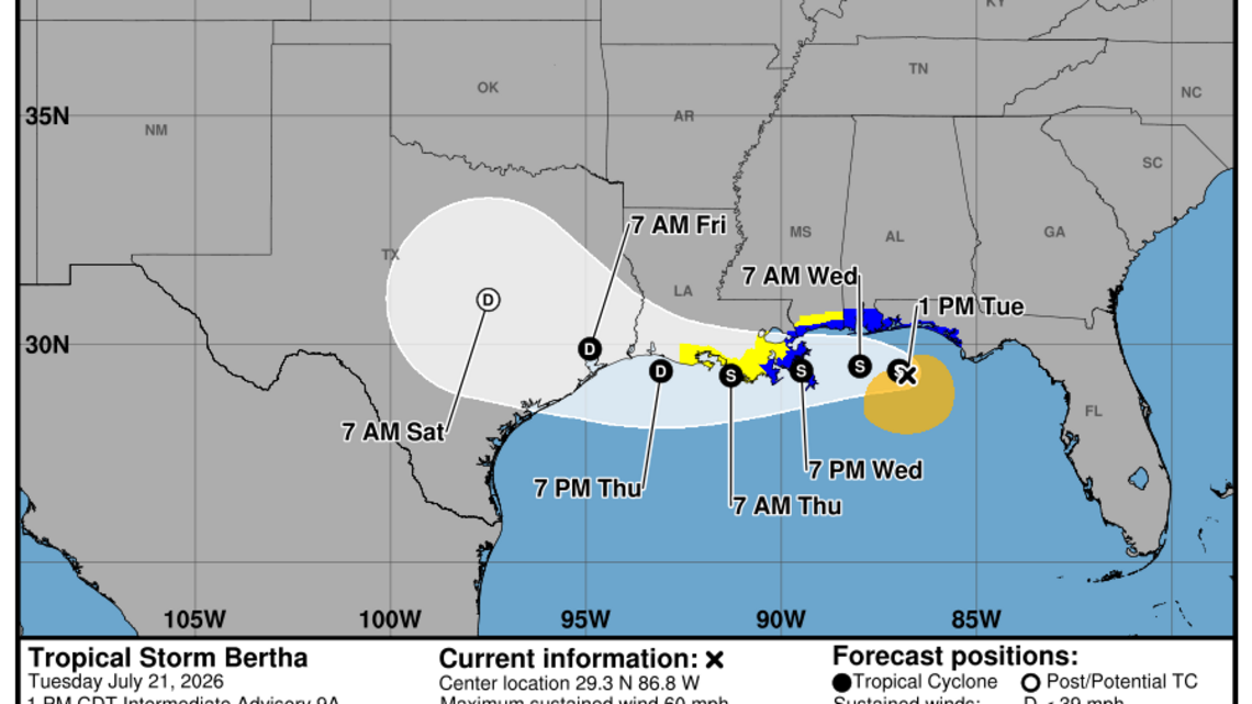 Tropical Storm Bertha expected to bring rain and storm surge to the Gulf coast