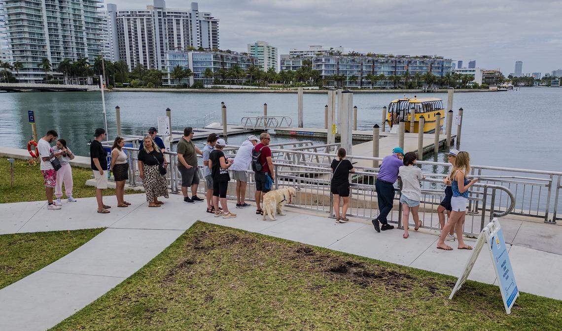 Passengers lined up to embark at Maurice Gibb Memorial Park a vessel part of the free water taxi service established last January, between the Maurice Gibb Memorial Park in Miami Beach and the Venetian Marina and Yacht Club at North Bayshore Drive on the Miami side of Biscayne Bay, on Wednesday, April 15, 2026.
