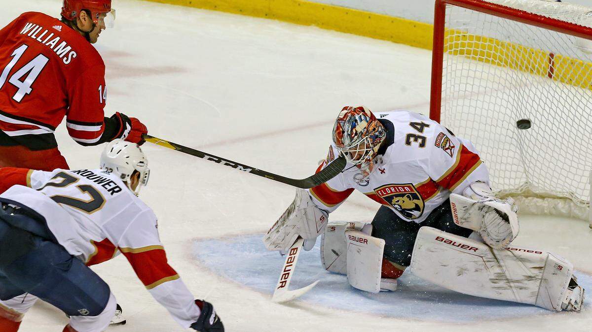 Florida Panthers goalie James Reimer fails to defend as Carolina Hurricanes Justin Williams scores the winning goal in the third period at the BB&T Center in Sunrise, Florida, Thursday, February, 21, 2019.