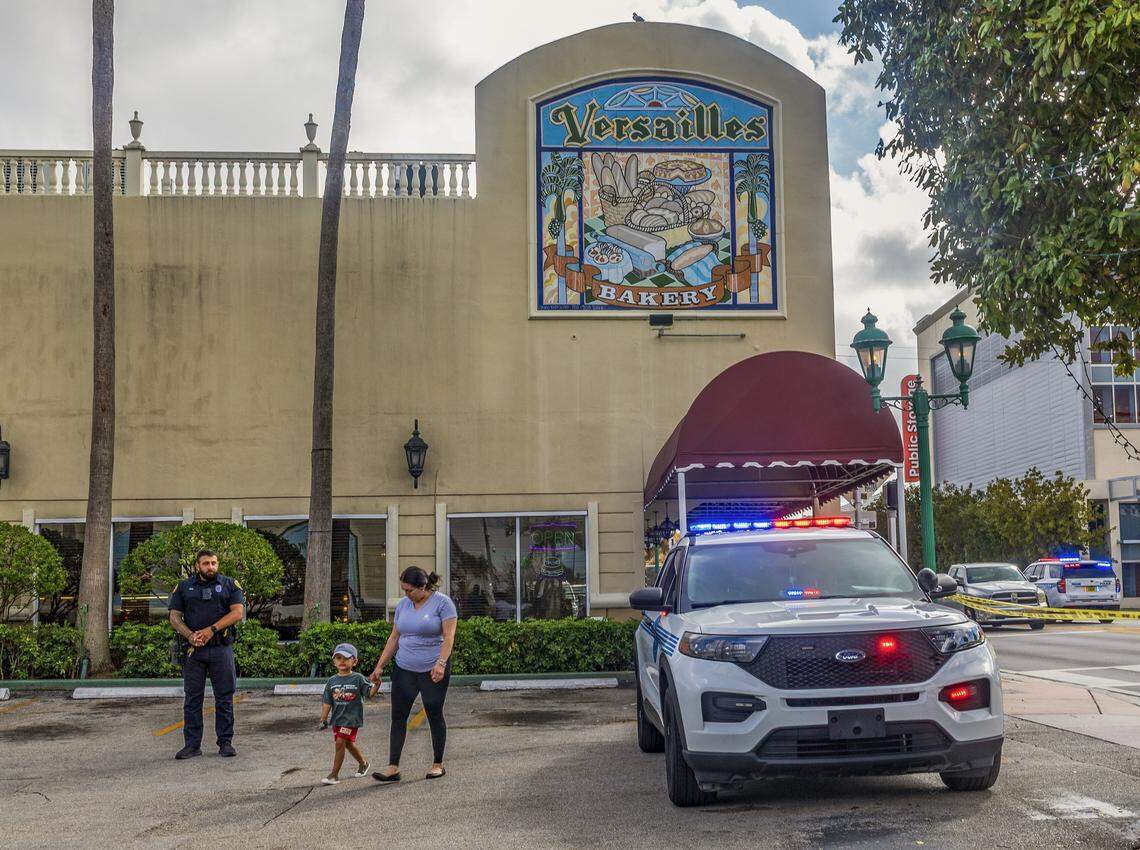 City of Miami Police officers guard the perimeter around the Versailles Cuban Cuisine restaurant in Little Havana, ahead of a visit by U.S. Congressman Byron Donalds for an “Ask Byron Anything” meet-and-greet event as part of his campaign to  run in the 2026 Republican primary for Florida governor, on Monday, March 02, 2026.