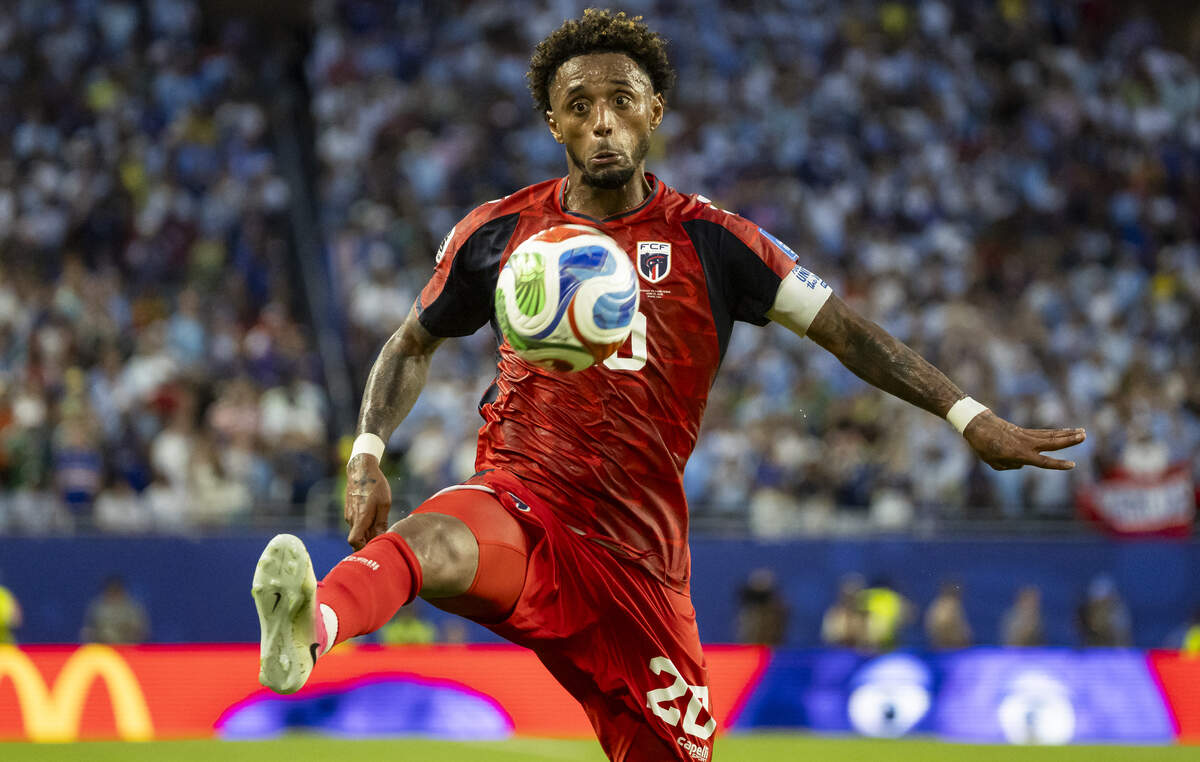 Cape Verde forward Ryan Mendes (20) works to control the ball against Uruguay in the second half of their World Cup Group H soccer match at Hard Rock Stadium on Sunday, June 21, 2026, in Miami Gardens.