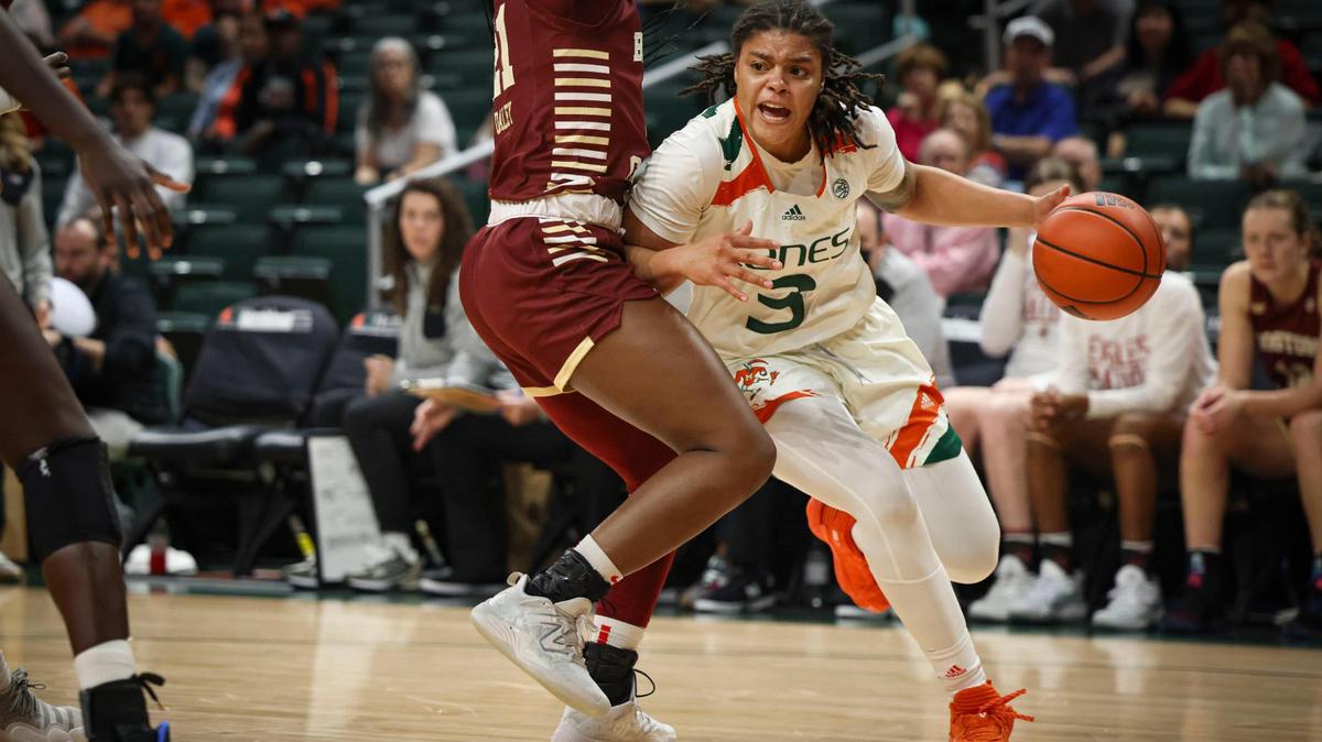 Hurricane’s Destiny Harden (3) drives the ball during the first quarter of a NCAA women’s basketball game between the University of Miami Hurricanes and Boston College on Thursday, Jan. 26, 2023, in Coral Gables. Harden had 23 points, seven rebounds, seven steals in the 86-65 UM win.