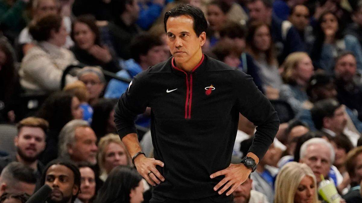 Miami Heat head coach Erik Spoelstra looks on during the second half of an NBA basketball game against the Dallas Mavericks in Dallas, Friday, Jan. 20, 2023.