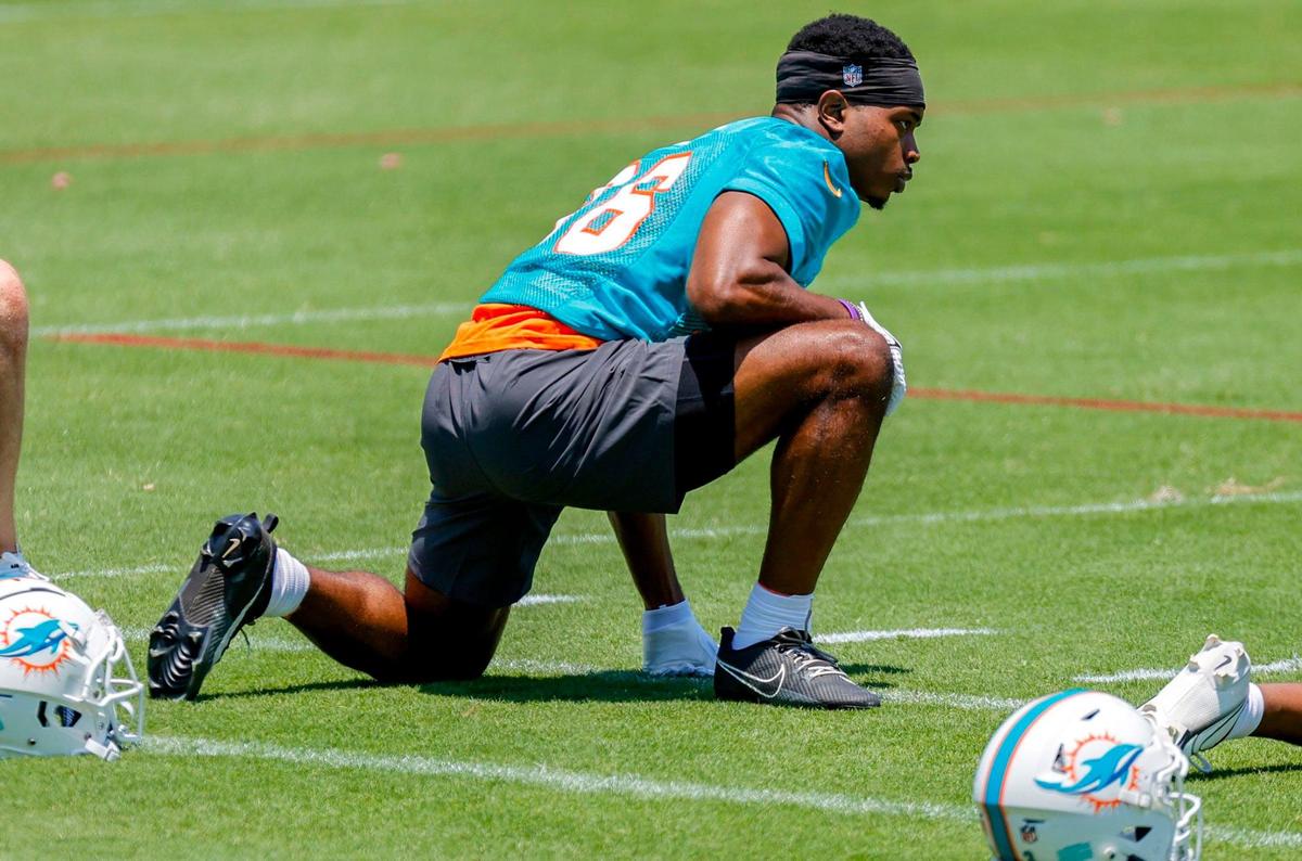 Miami Dolphins Storm Duck (36) stretches during practice.
