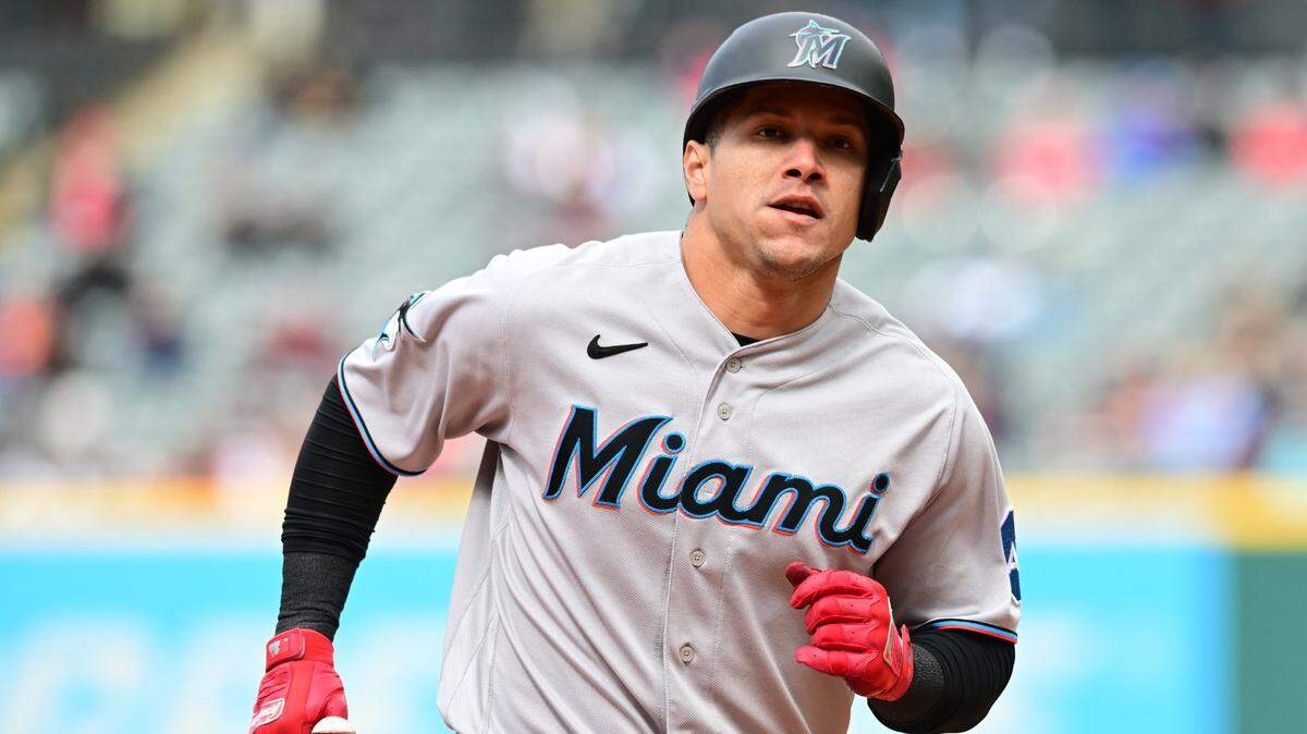Apr 23, 2023; Cleveland, Ohio, USA; Miami Marlins designated hitter Avisail Garcia (24) rounds the bases after hitting a home run during the eighth inning against the Cleveland Guardians at Progressive Field. Mandatory Credit: Ken Blaze-USA TODAY Sports