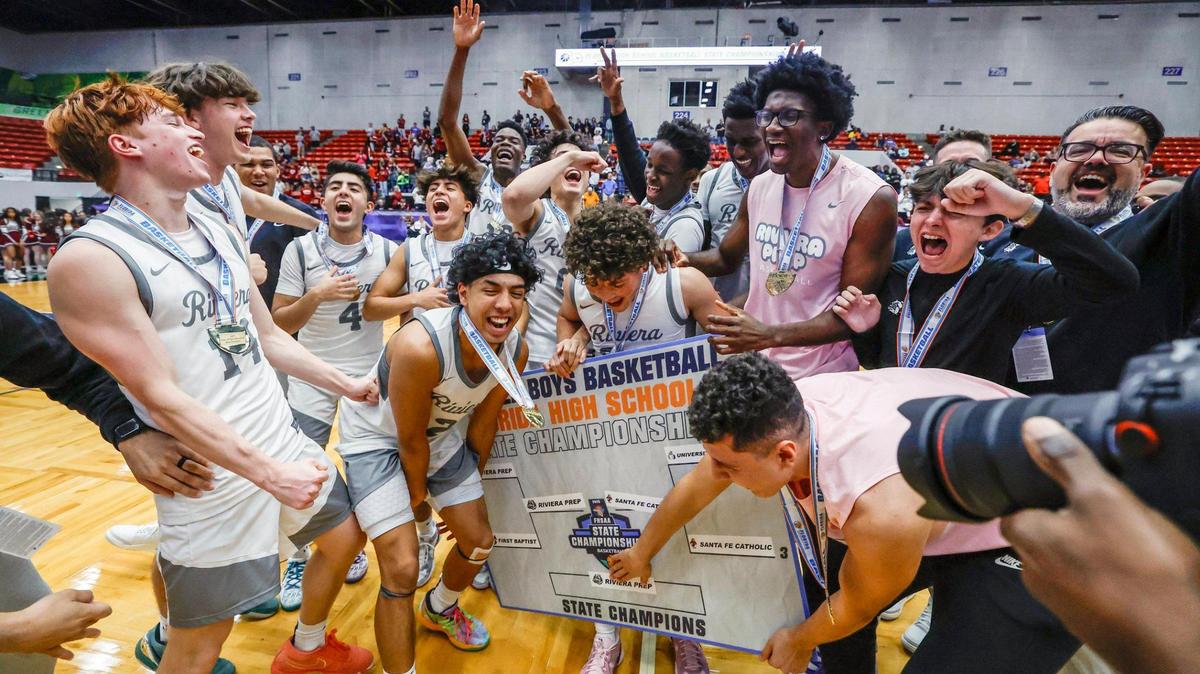 Riviera Prep celebrates after defeating Santa Fe Catholic in for the FHSAA Class 2A Boys High School Basketball State Championship at the RP Funding Center in Lakeland, Florida on Saturday, March 1, 2025.